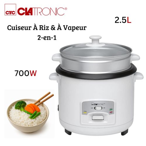 Clatronic Cuiseur À Riz Et Vapeur 2en1 2.5L 700W - Revêtement Anti-adhesif Avec Panier à Étuver en Aluminium - RK 3566