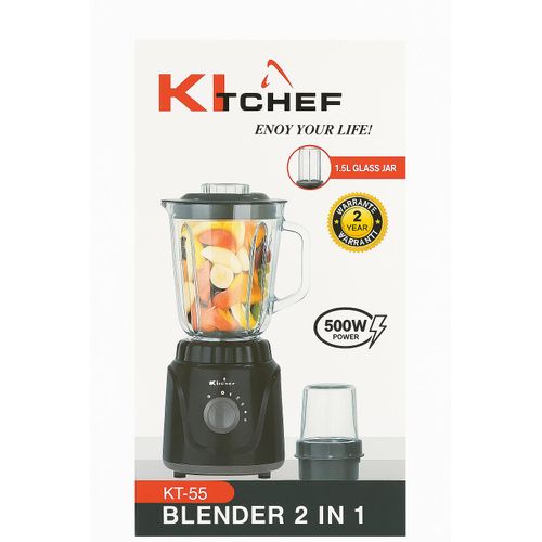 kitchef Blender KT-55 – 500W – 1.5L Bol en Verre – 2 en 1 avec Moulin – Noir