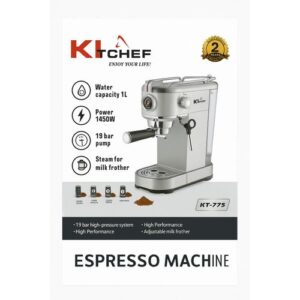 kitchef Machine à Café Expresso KT-775 – 1450W – 19 Bar 4 en 1 Mousseur à Lait Intégré – Inox