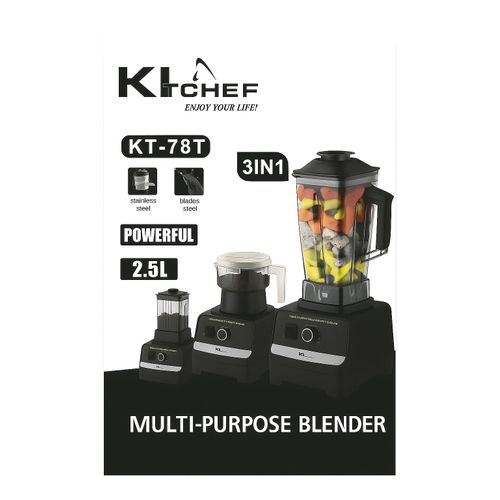 kitchef Blender Professionnel 3 en 1 KT-78T – 2.5L – 2000W – Lames Inox – Mixeur, Hachoir et Moulin