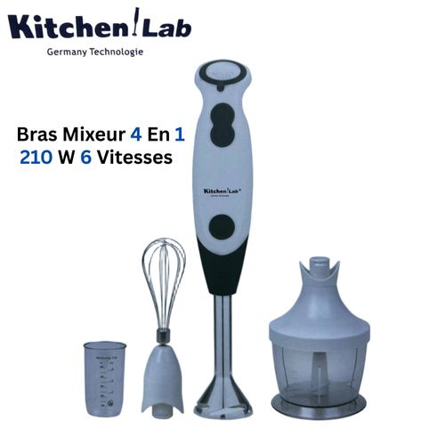 KITCHEN LAB Bras Mixeur Plongeant 4 En 1 - 210W et 6 Vitesses avec Fouet Hachoir et Verre doseur - Noir KT-H008A