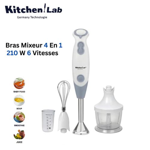 KITCHEN LAB Bras Mixeur Plongeant 4 En 1 - 210W et 6 Vitesses avec Fouet Hachoir et Verre doseur - Gris KT-H008A
