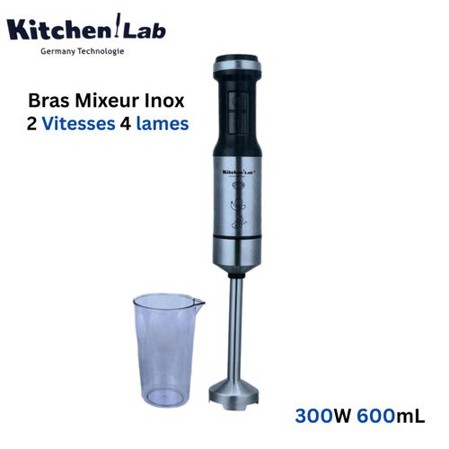 KITCHEN LAB Bras Mixeur Plongeant Inox 300W 2 Vitesses avec Tasse 600mL et 4 Lames - KT-H-021