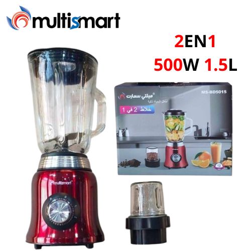 Multismart Blender 2EN1 Tasses En Verre - 500W - Rouge