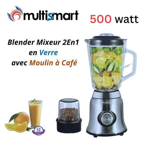Multismart Blender Mixeur Électrique 2 En 1 En Verre avec Moulin à café - 500 W 1.5 L 2 Vitesses - Boitier En Inox - BD5115