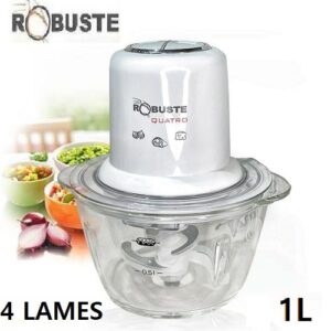 Robuste Hachoir QUATRO 4 Lames Bol En Verre 1L-350W- Blanc
