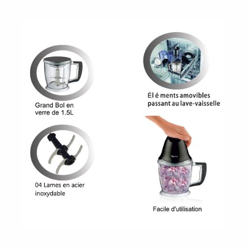 Robuste Hachoir Professionnel 300W 1.5 Litres 4 Lames En Acier Inoxydable - Noir – Image 2