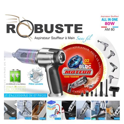 Robuste Aspirateur Souffleur à Main Rechargeable 80W avec deux batteries 2000mAh et Filtre lavable - Am80 – Image 2