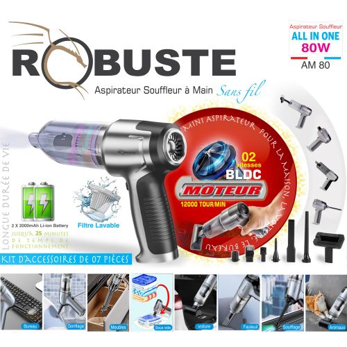 Robuste Aspirateur Souffleur Sans Fil Rechargeable 7 Accessoires 80 W Filtre Lavable - AM 80 – Image 2