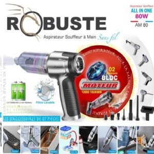 Robuste Aspirateur Souffleur Sans Fil Rechargeable 7 Accessoires 80 W Filtre Lavable - AM 80 - Noir/Argent