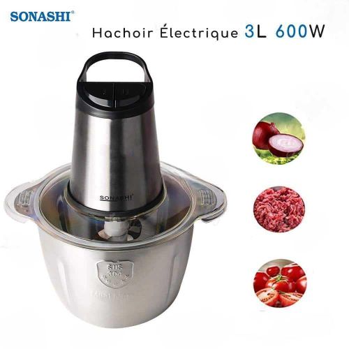 Sonashi Hachoir En Inox 3L 600W 6 Lames Avec Eplucheur d'ail