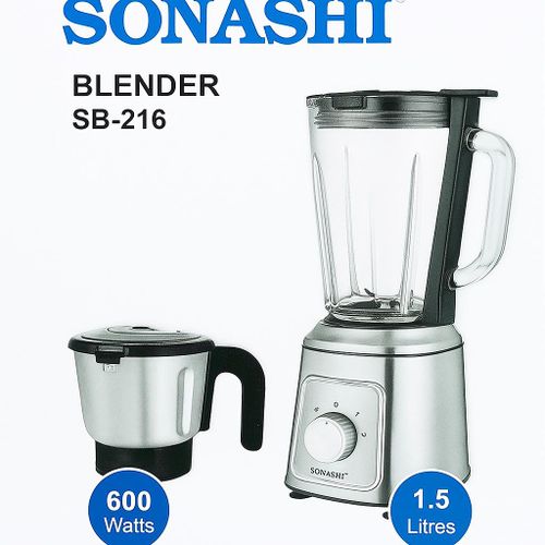 Sonashi Blender SB-216 Électrique 600W avec Bol en Verre 1.5L + Moulin Inox