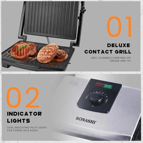Sonashi Panineuse et Grill Électrique 2000W avec Fonction Contrôle de la température et Indicateur INOX - SGT-854 – Image 5