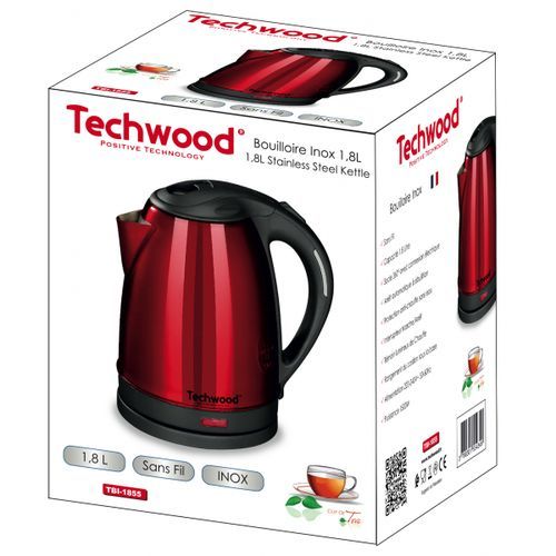 Techwood Bouilloire Electrique Inox Sans Fil- 1.8L- 1500W- Noir/Rouge – Image 2