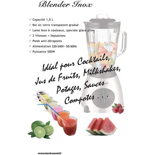 Techwood Blender en verre 1.5 L- 500W - TBLI-360 - inox- noir – Image 2