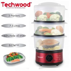 Techwood Cuiseur Vapeur Avec 3 Panier 500W- 7.5L-Tvc-375- Rouge