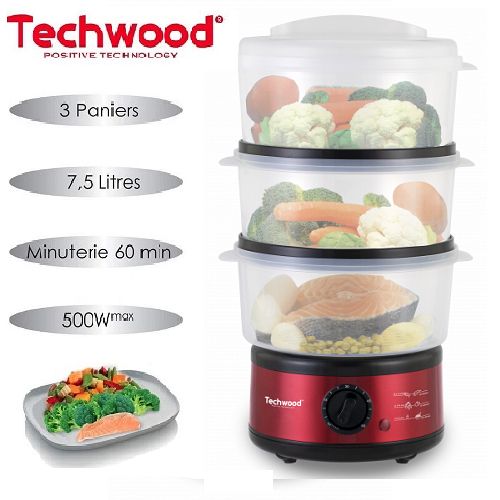 Techwood Cuiseur Vapeur Avec 3 Panier 500W- 7.5L-Tvc-375- Rouge