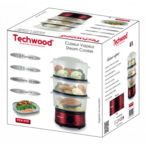 Techwood Cuiseur Vapeur Avec 3 Panier 500W- 7.5L-Tvc-375- Rouge – Image 2