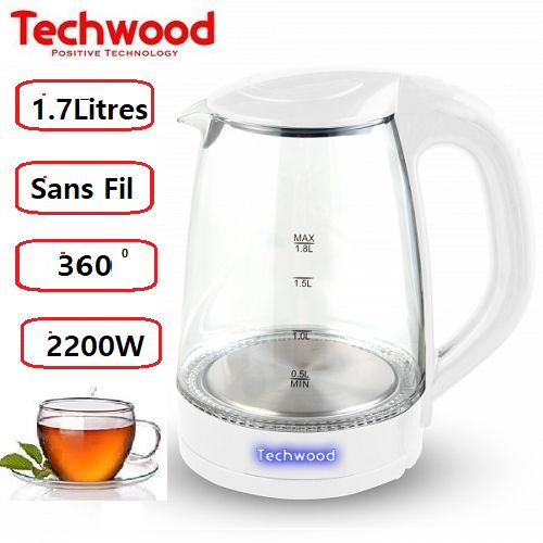 Techwood Bouilloire Electrique - en Verre 1,7 Litre-2200W- TB-1703-Blanc