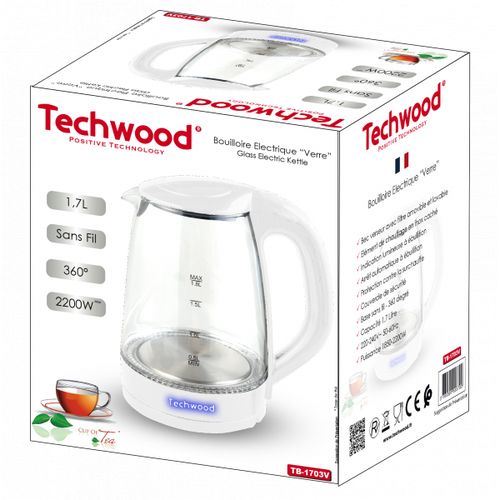 Techwood Bouilloire Electrique - en Verre 1,7 Litre-2200W- TB-1703-Blanc – Image 2