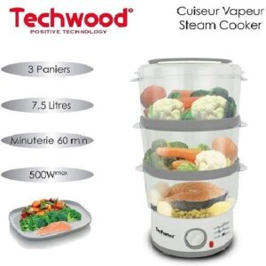 Techwood Cuiseur Vapeur Avec 3 Panier 500W- 7.5L-Tvc-371- Blanc