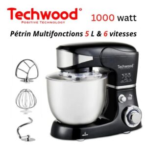 Techwood Robot Pétrin Multifonction 6 Vitesse 5 L 1000W Avec Bol En Inox Noir - TRO 1056