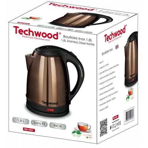 Techwood Bouilloire Electrique Inox Sans Fil- 1.8L- 15000 W-Noir/Bronze – Image 2