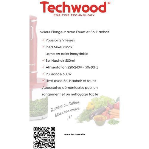 Techwood Mixeur Plongeant 3 En 1 - 600 Watts - 9605 Rouge – Image 2