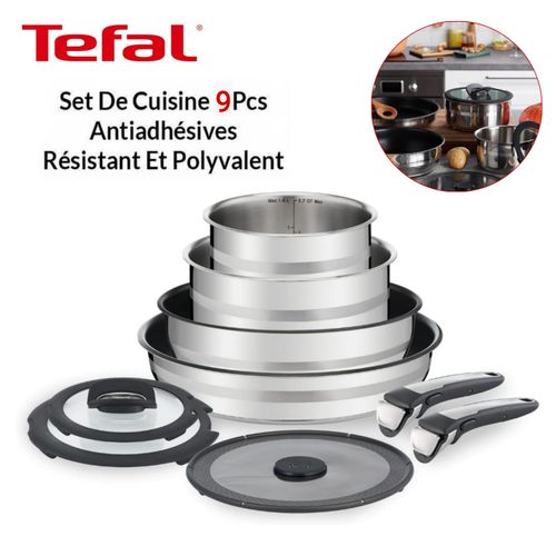 Tefal Batterie De Cuisine Set 9 pièces - 2 poignée amovible Poêle et Casseroles Antiadhésives INOX - Ingenio Jamie Oliver L95691