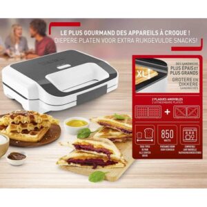 Tefal Snack XL Appareil à croques et à gaufres, 850W, Plaques amovibles extra profondes et larges, Multifonction, Gaufres, Croques, Chauffe rapide, Revêtement antiadhésif - SW701110