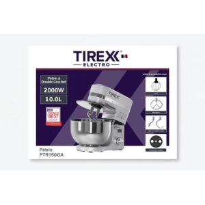 TIREXX Pétrin Professionnel 2000W – Bol Inox 10 Litres – Double Crochet – Modèle PTR150GA