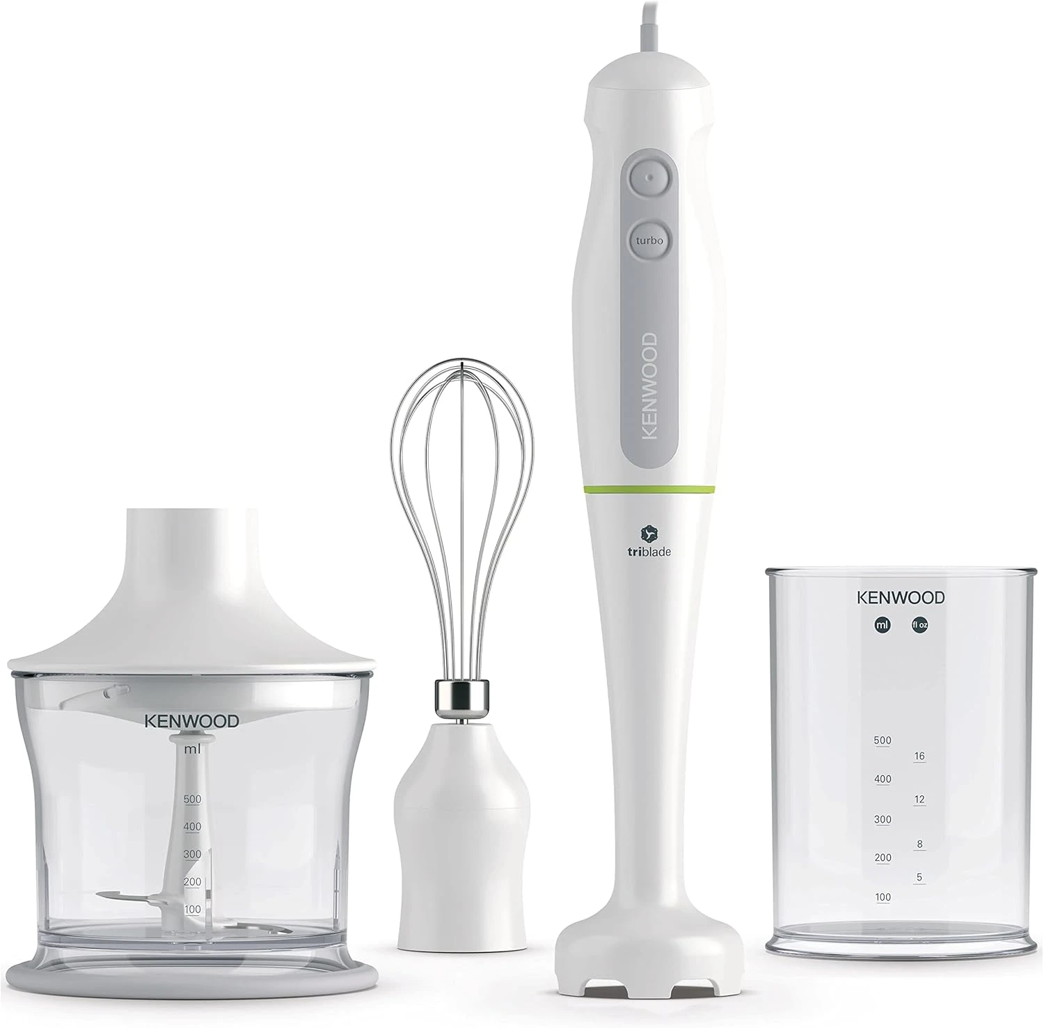 Mixeur plongeant Kenwood 700W avec hachoir 500 ml, verre 500 ml, fouet, Technologie Triblade HDP104WG Blanc